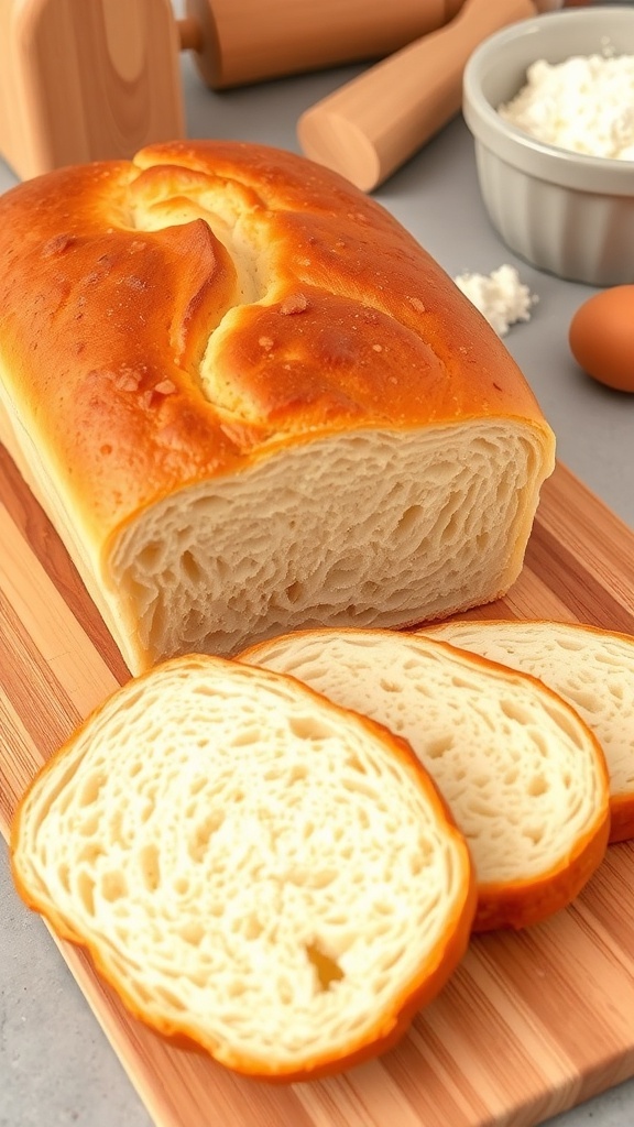 Homemade Sandwich Bread Recipe A loaf of homemade sandwich bread, sliced, on a wooden cutting board in a cozy kitchen.